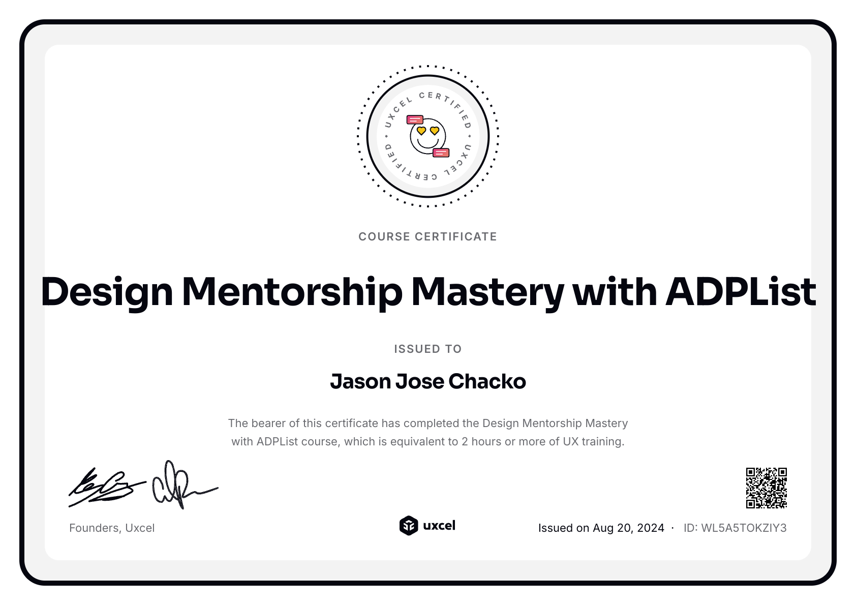 Jason Jose Chacko's certificate